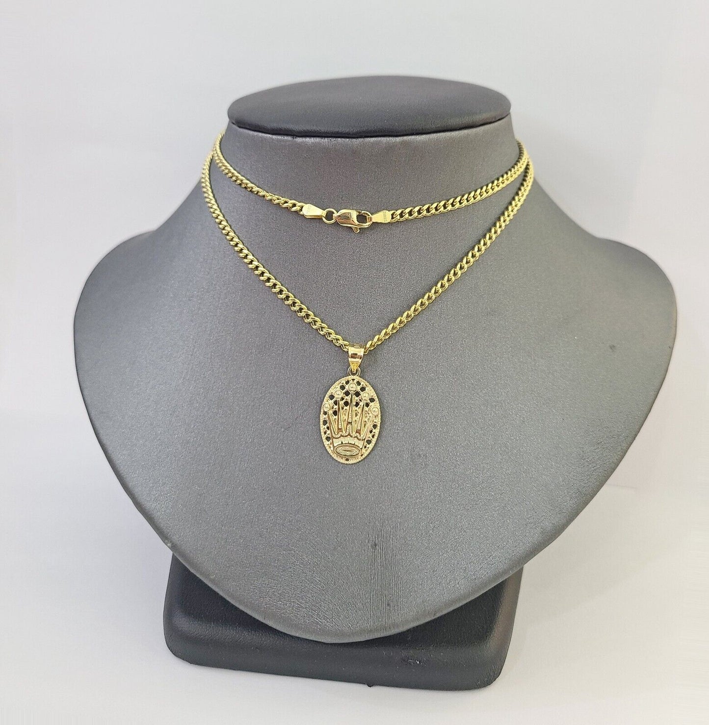 10K Yellow Gold Crown Pendent Charm 3mm Miami Cubn Chain 18" 20" 22" 24" 26"Inch - Reva Jeweler