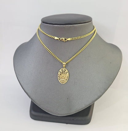 10K Yellow Gold Crown Pendent Charm 3mm Miami Cubn Chain 18" 20" 22" 24" 26"Inch - Reva Jeweler