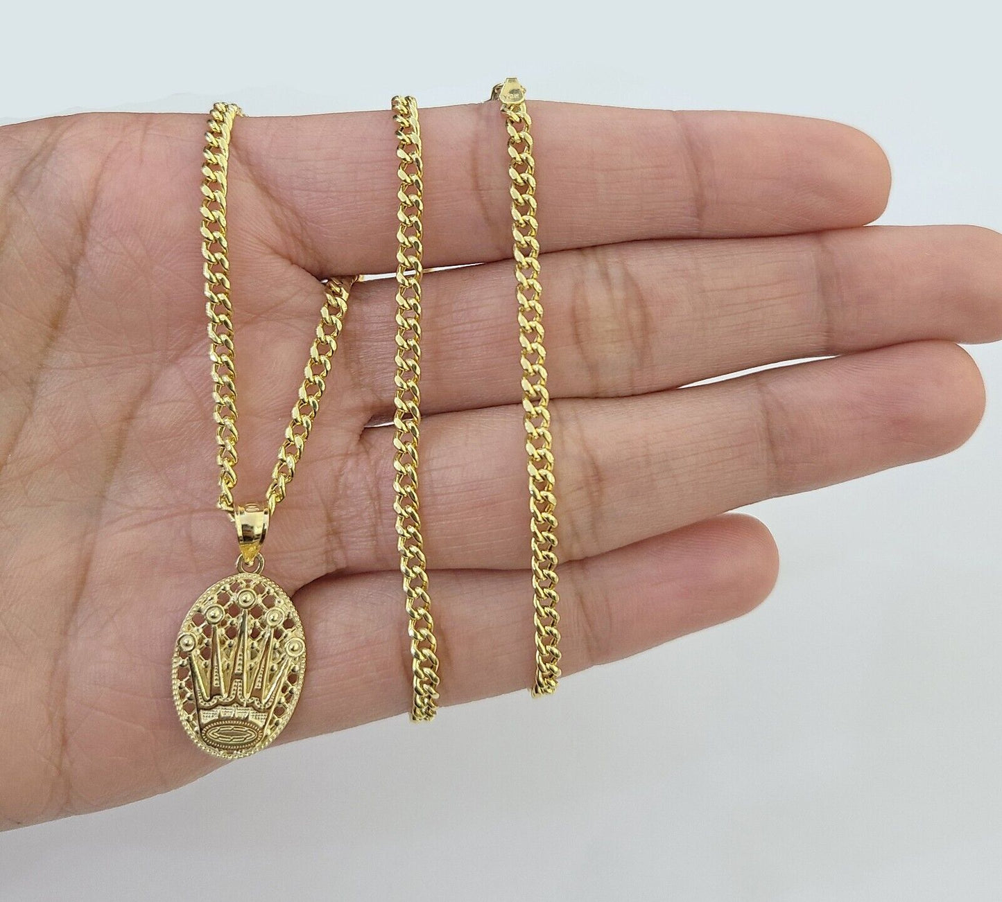 10K Yellow Gold Crown Pendent Charm 3mm Miami Cubn Chain 18" 20" 22" 24" 26"Inch - Reva Jeweler