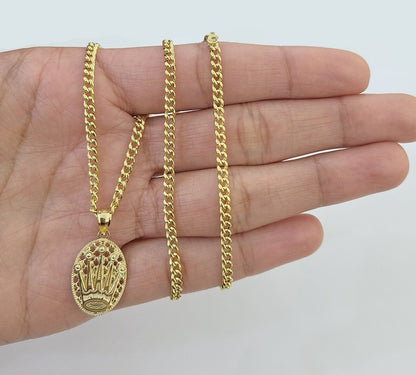 10K Yellow Gold Crown Pendent Charm 3mm Miami Cubn Chain 18" 20" 22" 24" 26"Inch - Reva Jeweler