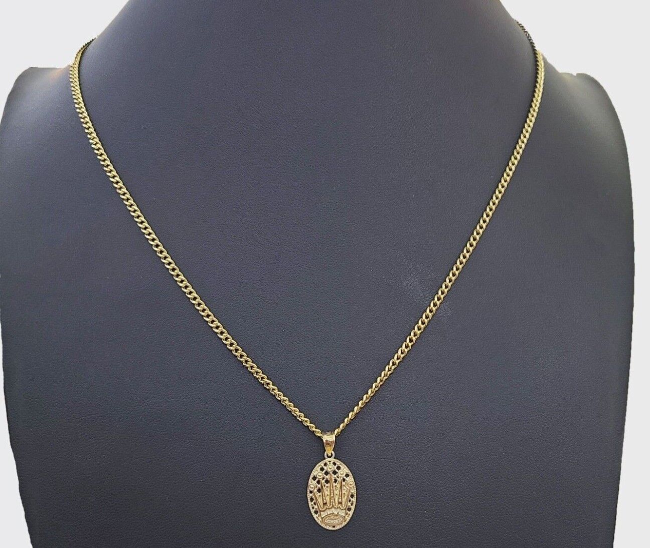 10K Yellow Gold Crown Pendent Charm 3mm Miami Cubn Chain 18" 20" 22" 24" 26"Inch - Reva Jeweler