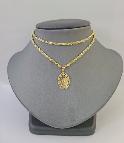 10K Yellow Gold Crown Pendent Charm 3mm Rope Chain 18" 20" 22" 24" 26" Inch - Reva Jeweler