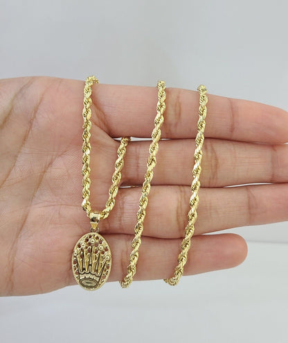 10K Yellow Gold Crown Pendent Charm 3mm Rope Chain 18" 20" 22" 24" 26" Inch - Reva Jeweler