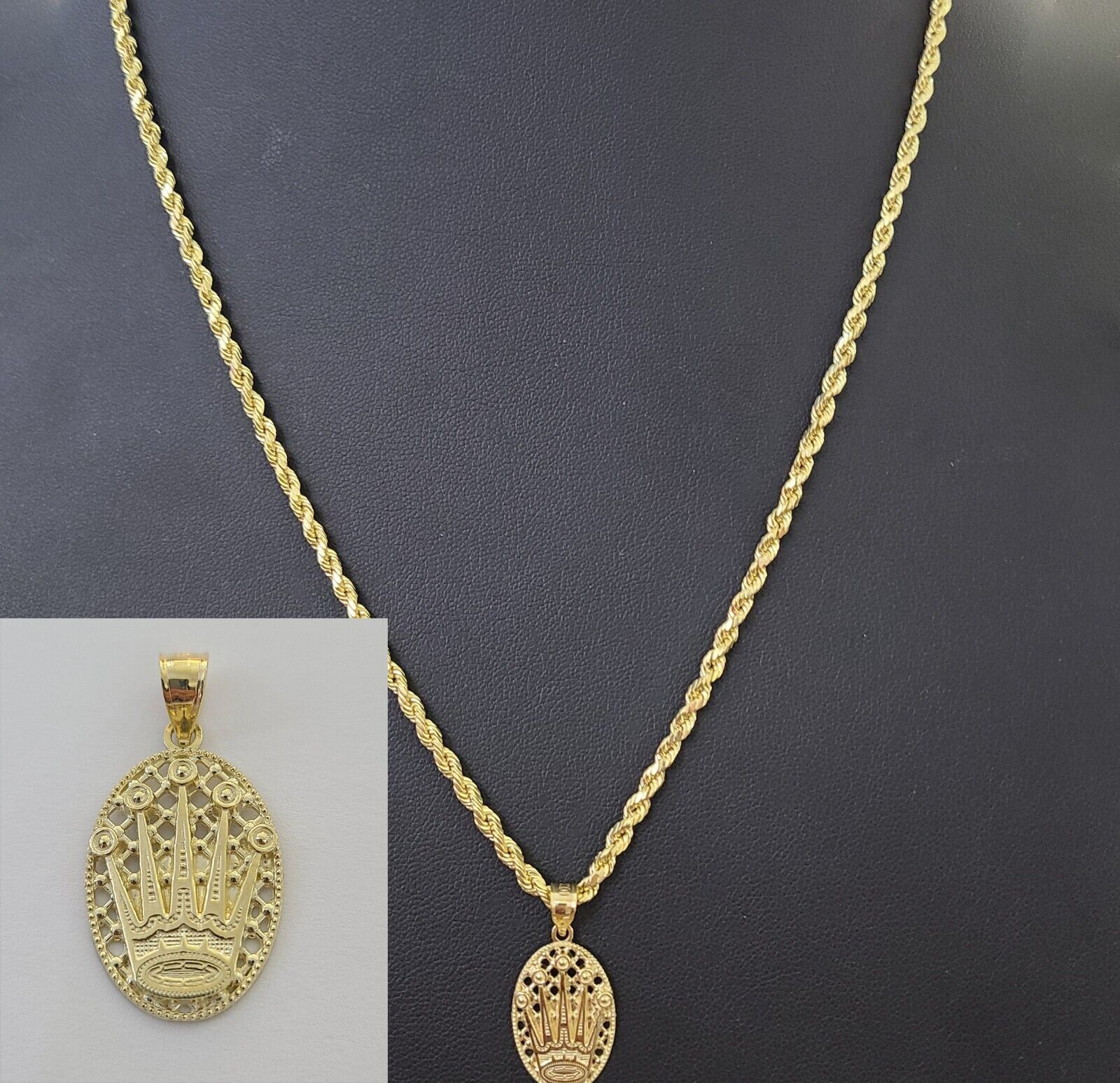 10K Yellow Gold Crown Pendent Charm 3mm Rope Chain 18" 20" 22" 24" 26" Inch - Reva Jeweler