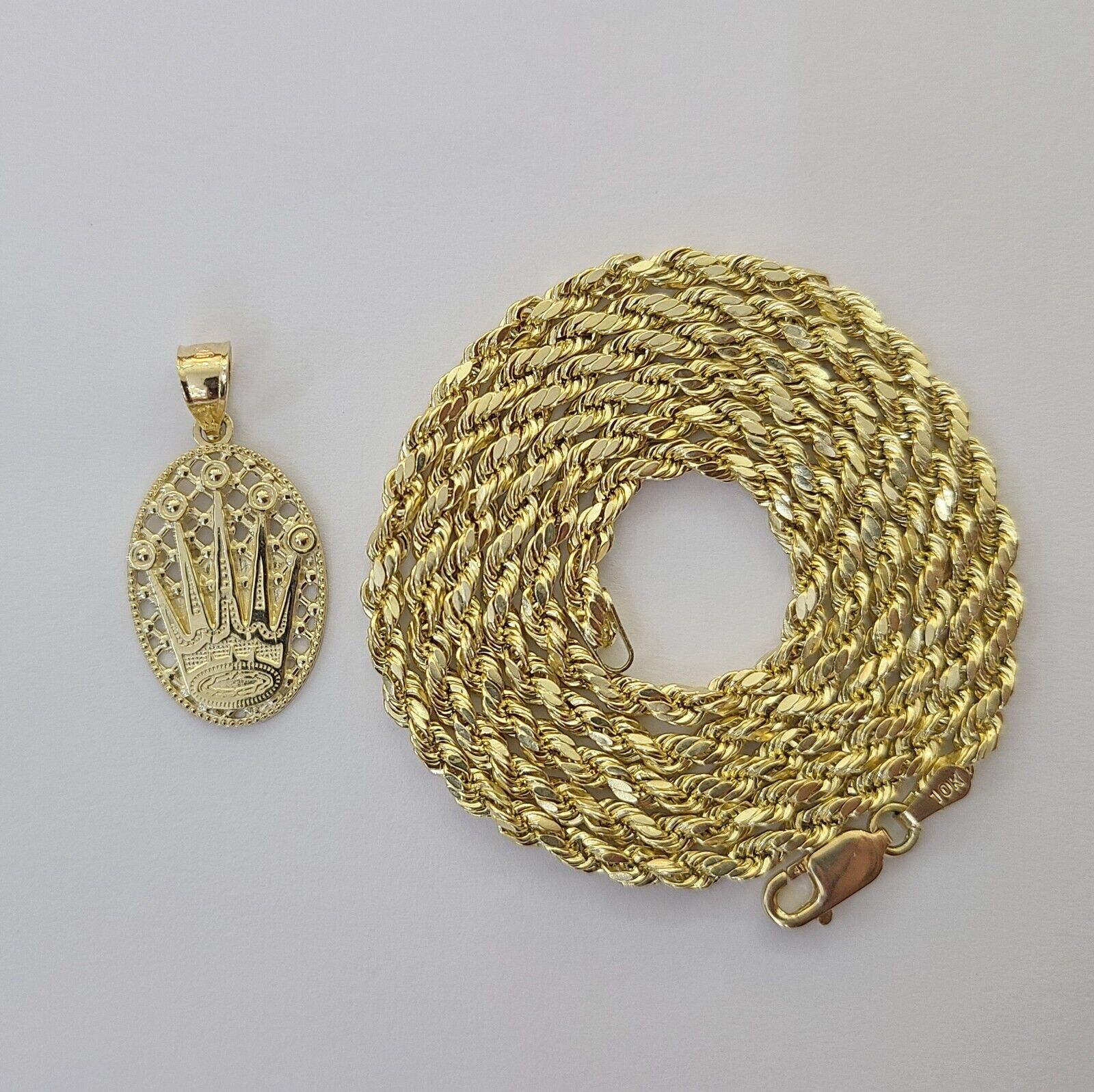 10K Yellow Gold Crown Pendent Charm 3mm Rope Chain 18" 20" 22" 24" 26" Inch - Reva Jeweler