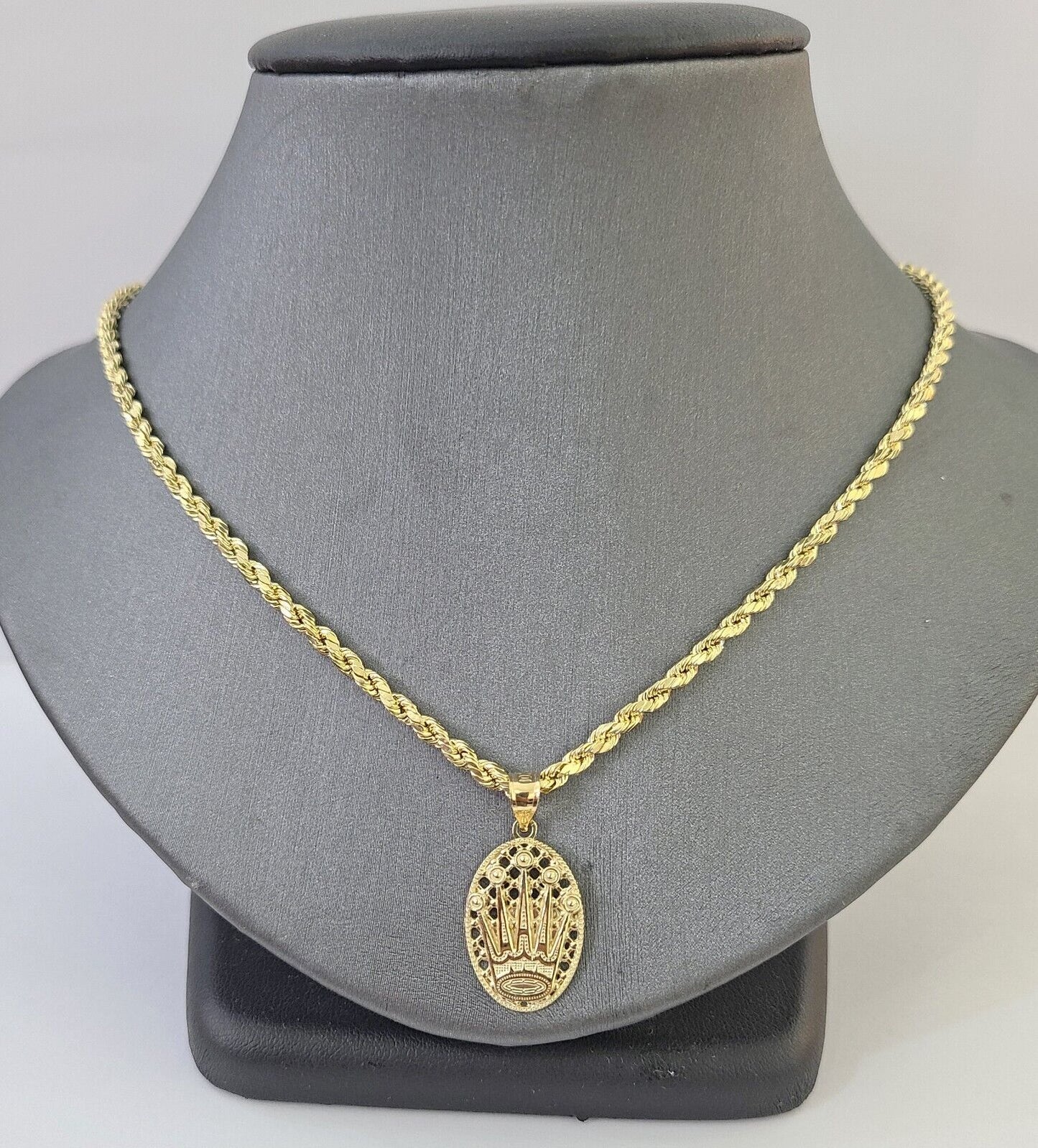 10K Yellow Gold Crown Pendent Charm 3mm Rope Chain 18" 20" 22" 24" 26" Inch - Reva Jeweler