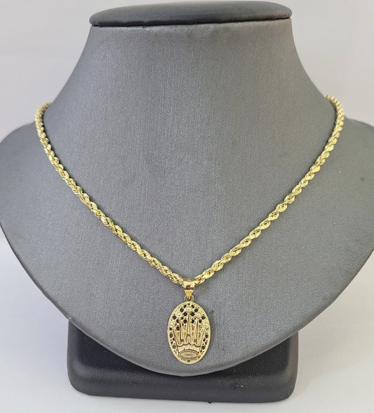 10K Yellow Gold Crown Pendent Charm 3mm Rope Chain 18" 20" 22" 24" 26" Inch - Reva Jeweler