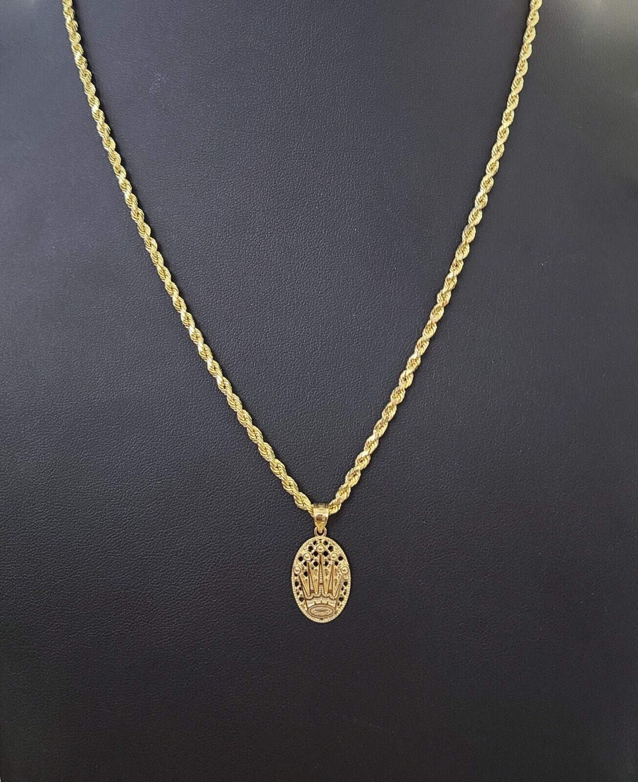 10K Yellow Gold Crown Pendent Charm 3mm Rope Chain 18" 20" 22" 24" 26" Inch - Reva Jeweler