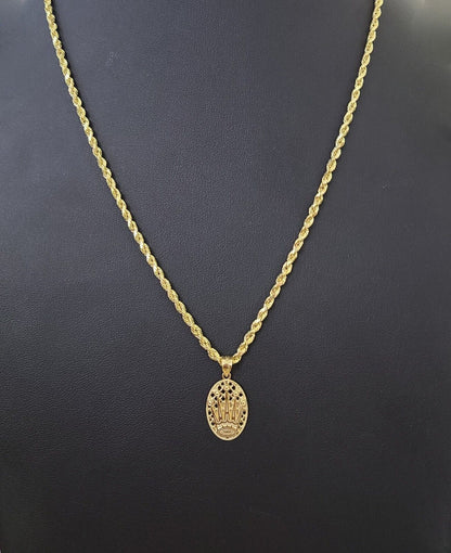 10K Yellow Gold Crown Pendent Charm 3mm Rope Chain 18" 20" 22" 24" 26" Inch - Reva Jeweler