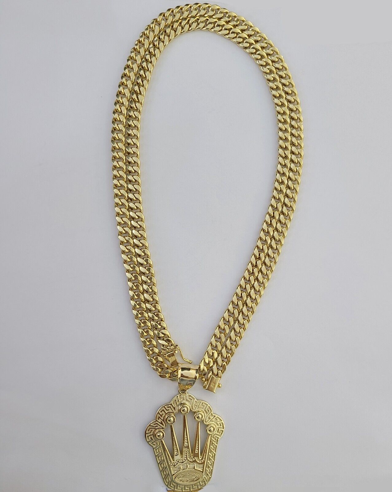 10K Yellow Gold Crown Pendent Charm 6mm Miami Cuban Link Chain 18 - 30" Inch - Reva Jeweler