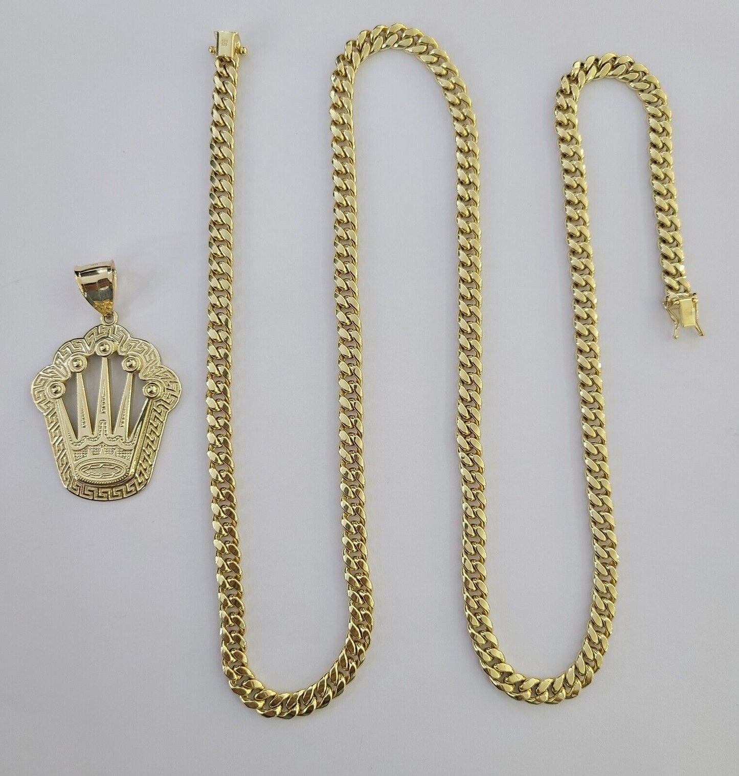 10K Yellow Gold Crown Pendent Charm 6mm Miami Cuban Link Chain 18 - 30" Inch - Reva Jeweler