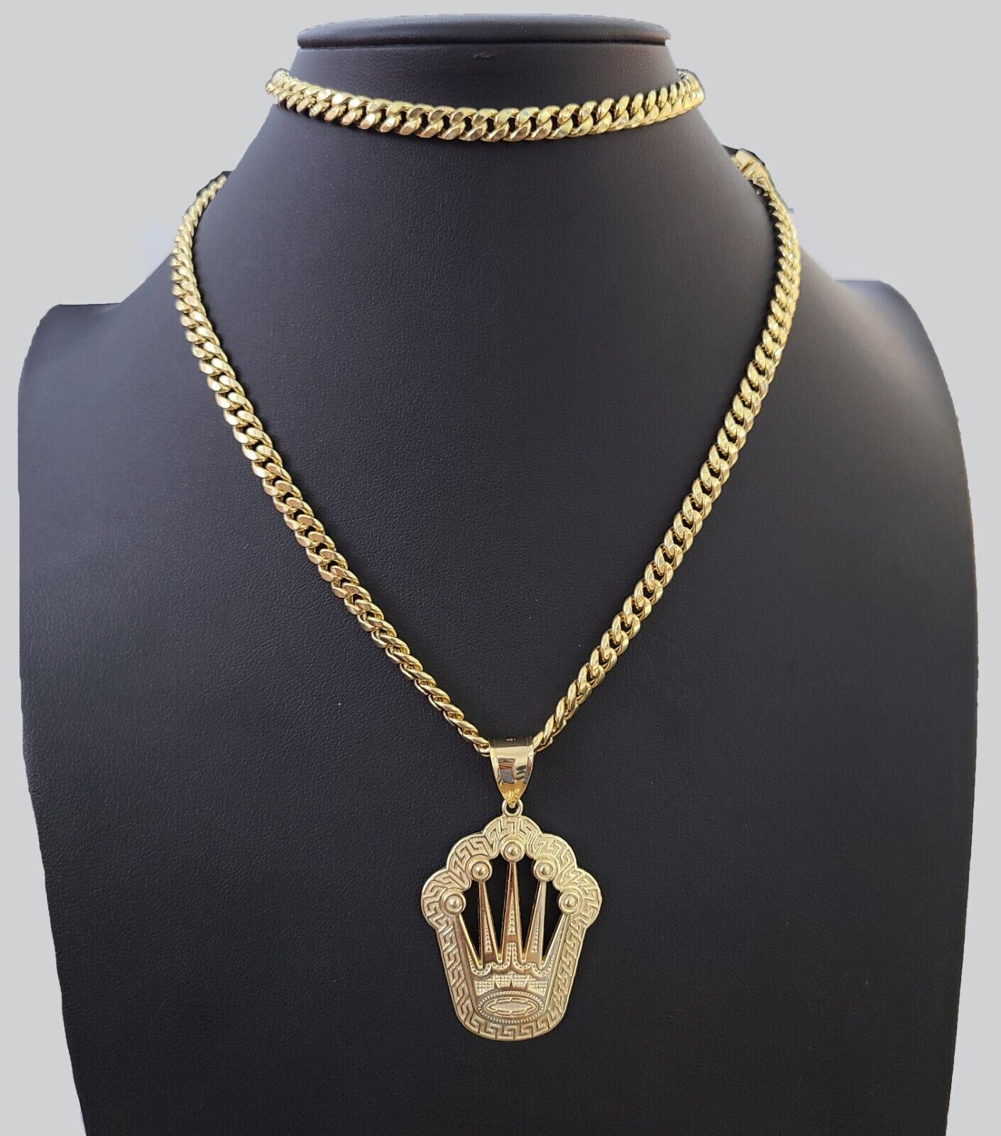 10K Yellow Gold Crown Pendent Charm 6mm Miami Cuban Link Chain 18 - 30" Inch - Reva Jeweler
