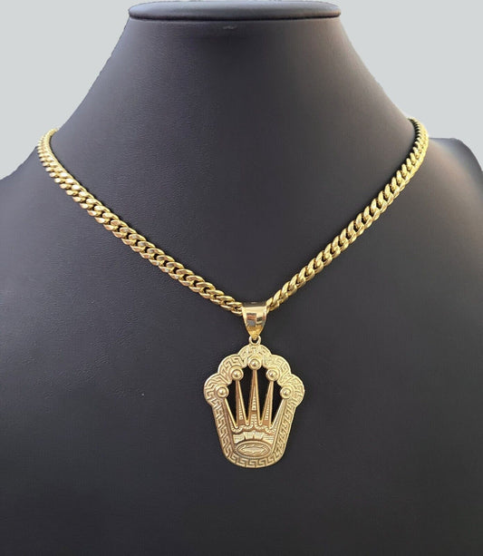 10K Yellow Gold Crown Pendent Charm 6mm Miami Cuban Link Chain 18 - 30" Inch - Reva Jeweler