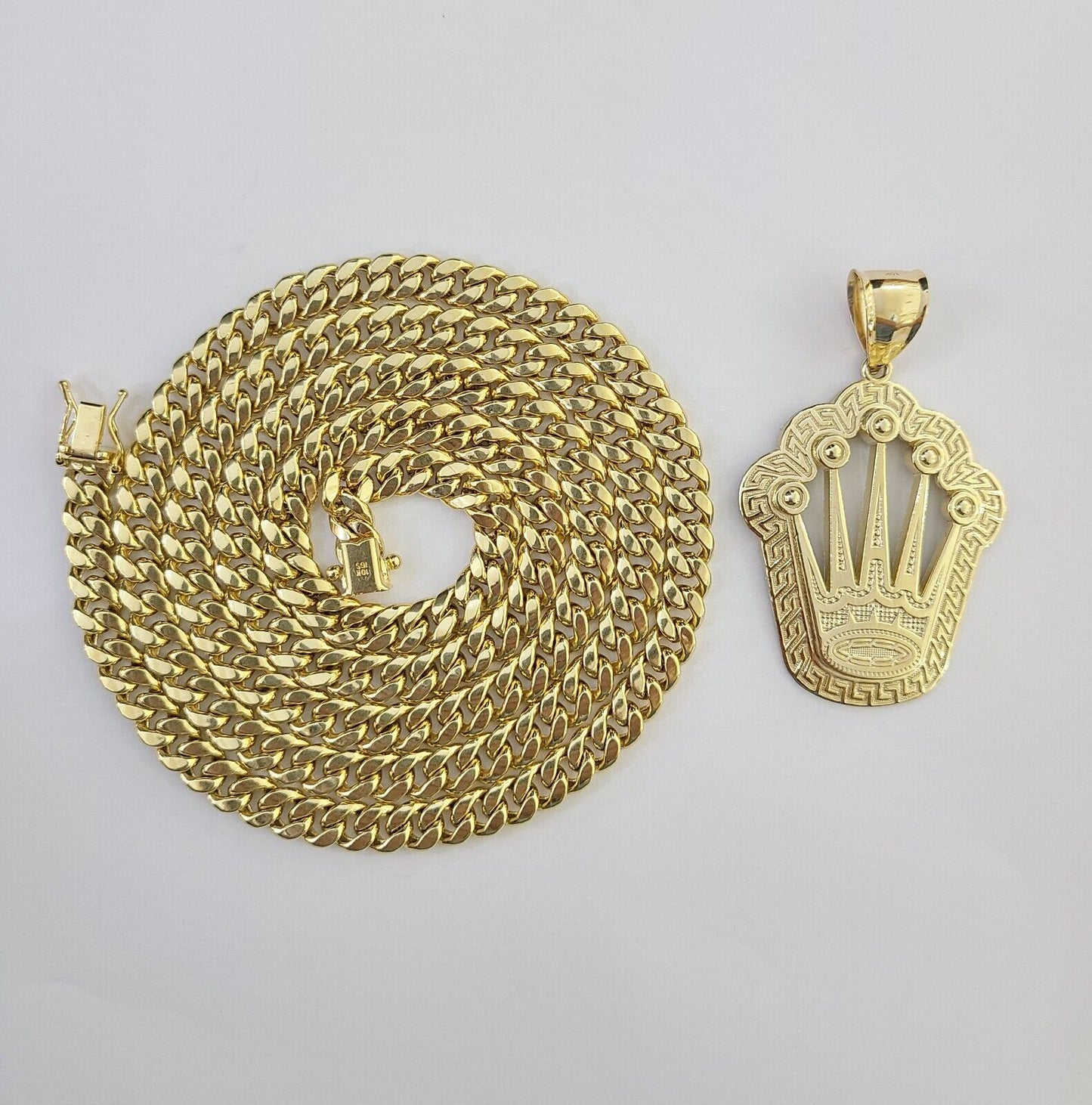 10K Yellow Gold Crown Pendent Charm 6mm Miami Cuban Link Chain 18 - 30" Inch - Reva Jeweler