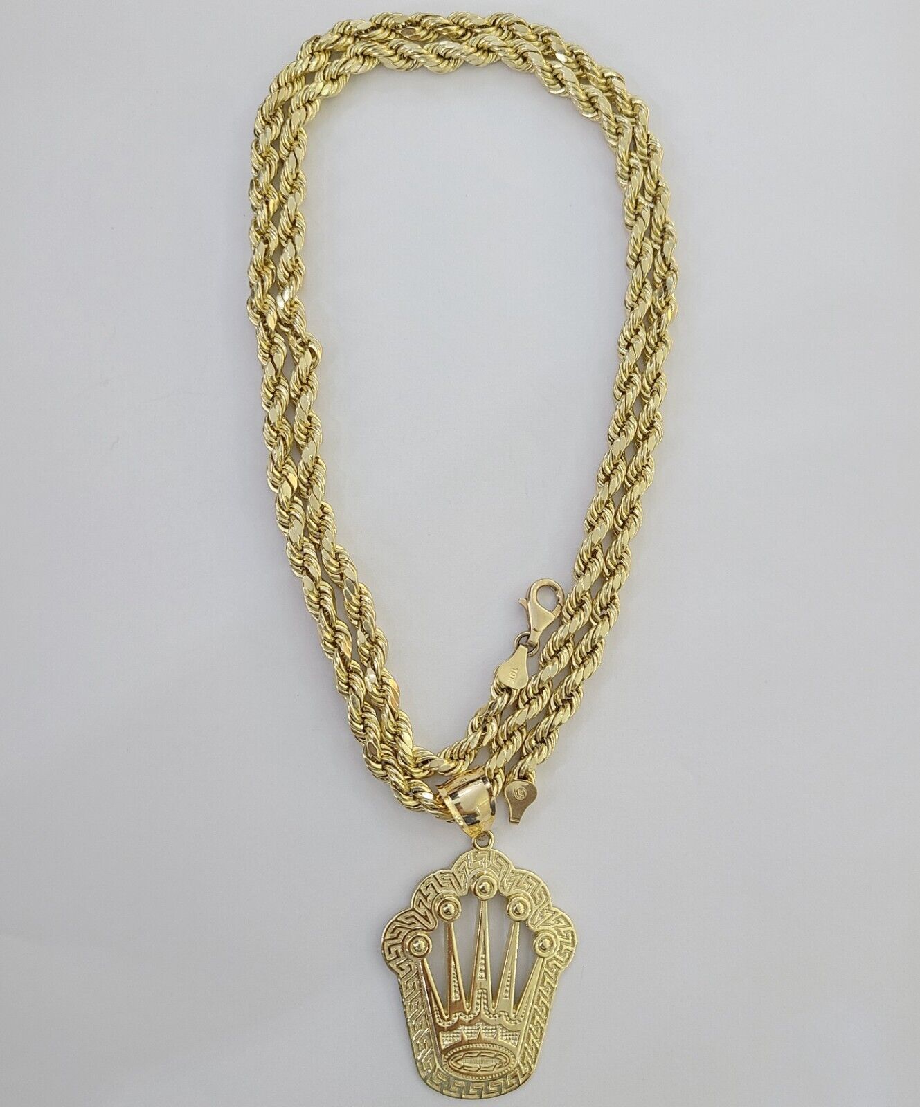 10K Yellow Gold Crown Pendent Charm 6mm Rope Chain 18" - 30" Inch Real - Reva Jeweler