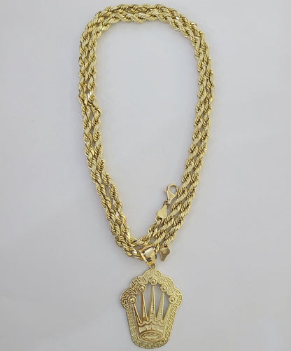 10K Yellow Gold Crown Pendent Charm 6mm Rope Chain 18" - 30" Inch Real - Reva Jeweler