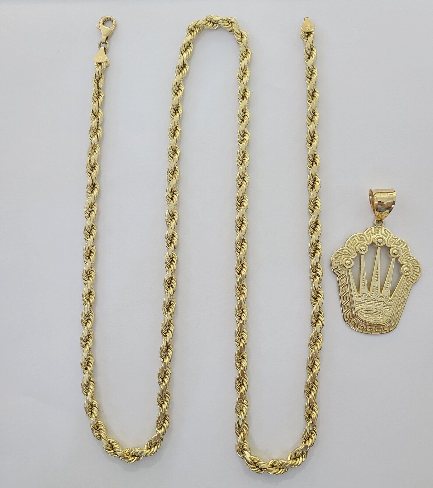 10K Yellow Gold Crown Pendent Charm 6mm Rope Chain 18" - 30" Inch Real - Reva Jeweler