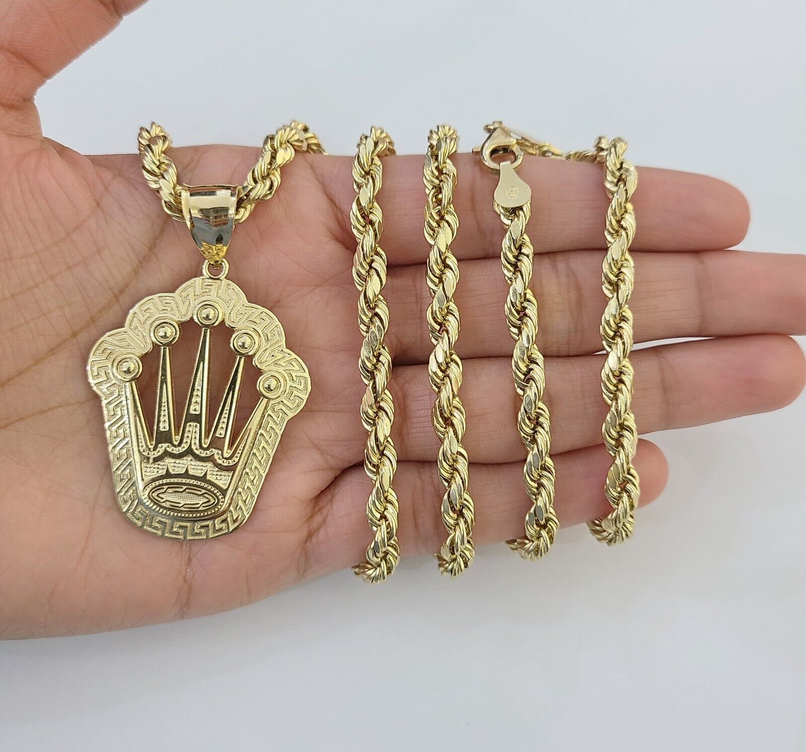 10K Yellow Gold Crown Pendent Charm 6mm Rope Chain 18" - 30" Inch Real - Reva Jeweler