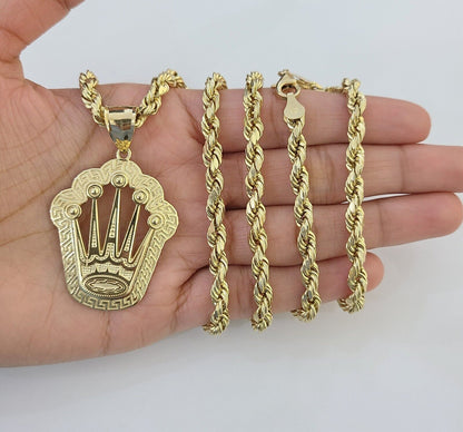 10K Yellow Gold Crown Pendent Charm 6mm Rope Chain 18" - 30" Inch Real - Reva Jeweler