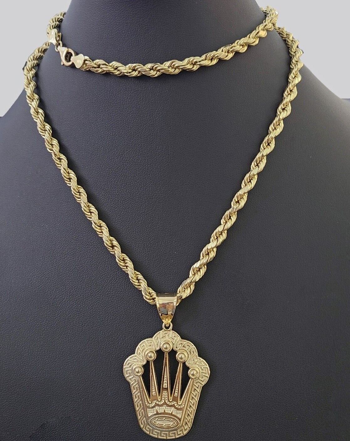 10K Yellow Gold Crown Pendent Charm 6mm Rope Chain 18" - 30" Inch Real - Reva Jeweler
