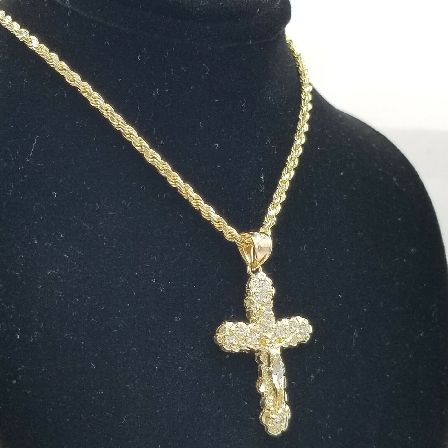 10k Yellow Gold Crucifix Cross Jesus Pendant Rope Chain 18" 20" 22" 24" 26" - Reva Jeweler
