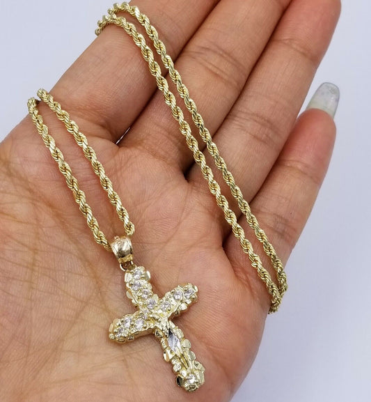 10k Yellow Gold Crucifix Cross Jesus Pendant Rope Chain 18" 20" 22" 24" 26" - Reva Jeweler