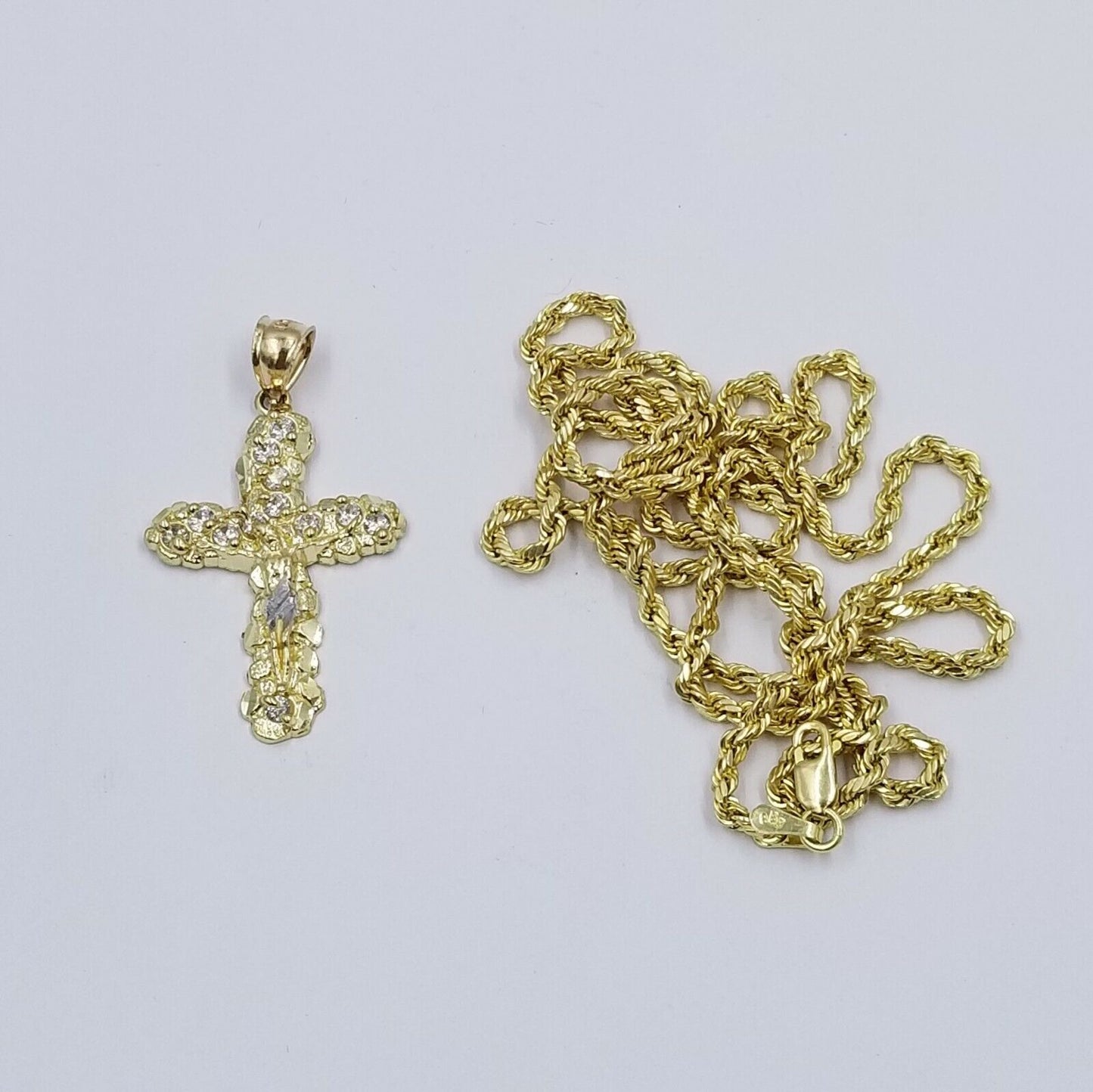 10k Yellow Gold Crucifix Cross Jesus Pendant Rope Chain 18" 20" 22" 24" 26" - Reva Jeweler