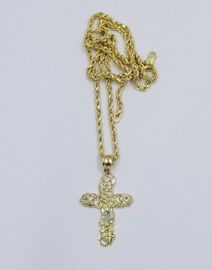 10k Yellow Gold Crucifix Cross Jesus Pendant Rope Chain 18" 20" 22" 24" 26" - Reva Jeweler