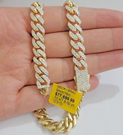 10k Yellow Gold Diamond Chain 18 Inch Necklace 9mm REAL 8.50 CT Dia, MENS CHOKER - Reva Jeweler