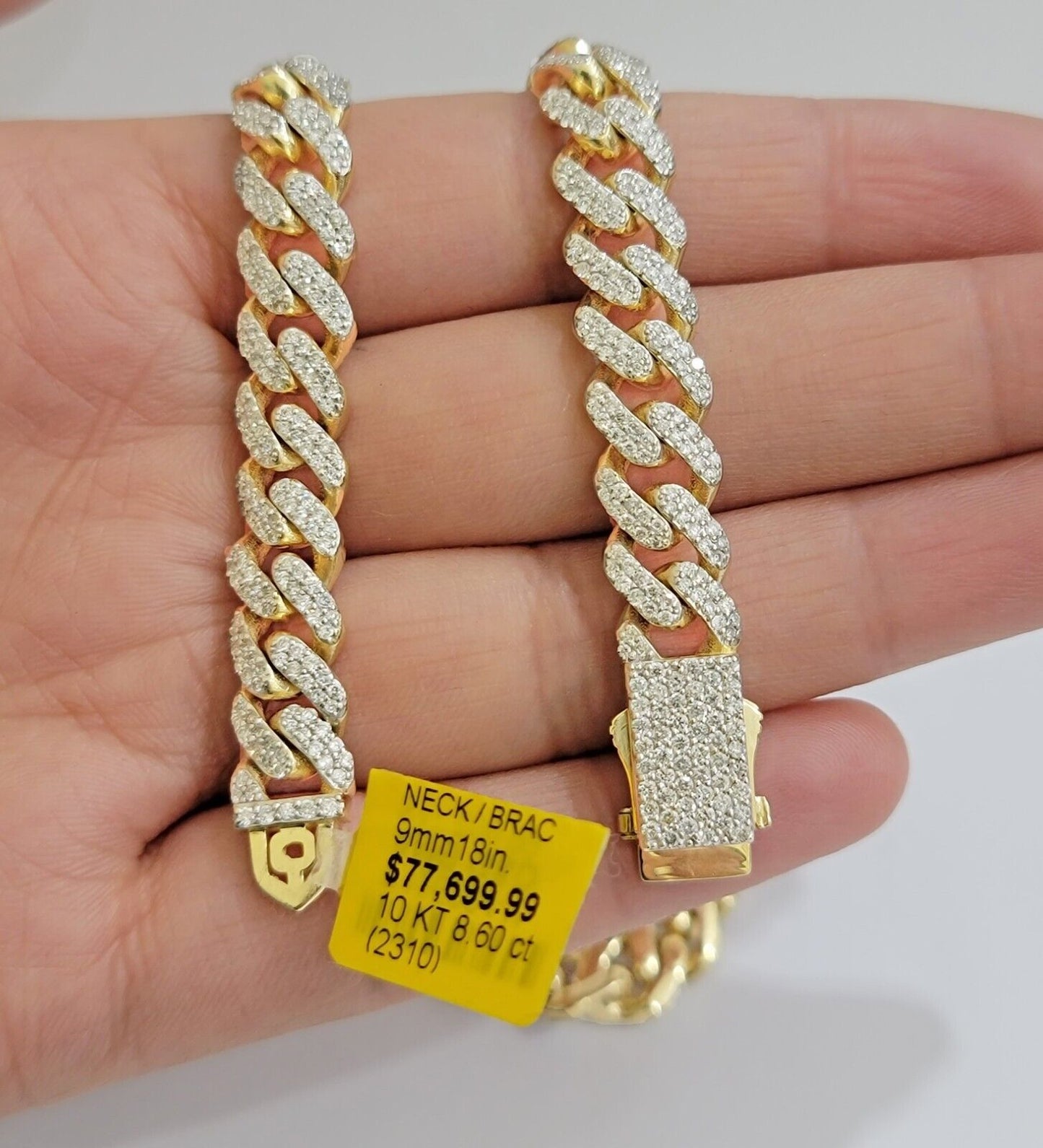 10k Yellow Gold Diamond Chain 18 Inch Necklace 9mm REAL 8.50 CT Dia, MENS CHOKER - Reva Jeweler