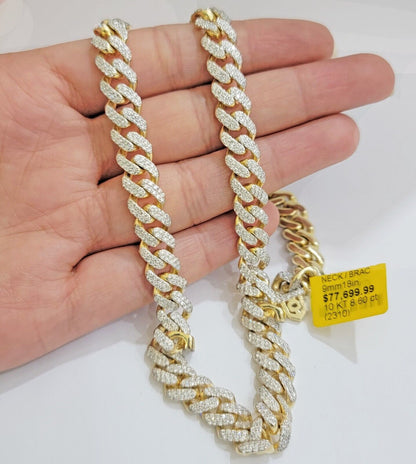 10k Yellow Gold Diamond Chain 18 Inch Necklace 9mm REAL 8.50 CT Dia, MENS CHOKER - Reva Jeweler