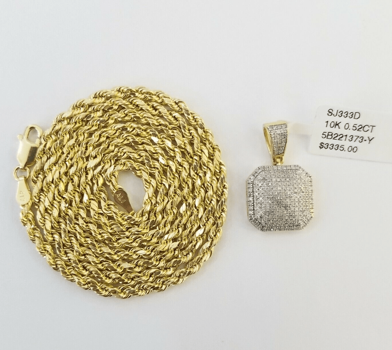 10K Yellow Gold Diamond Charm rope chain 3mm 18" SET & Pillow Pendant & Neckalce - Reva Jeweler