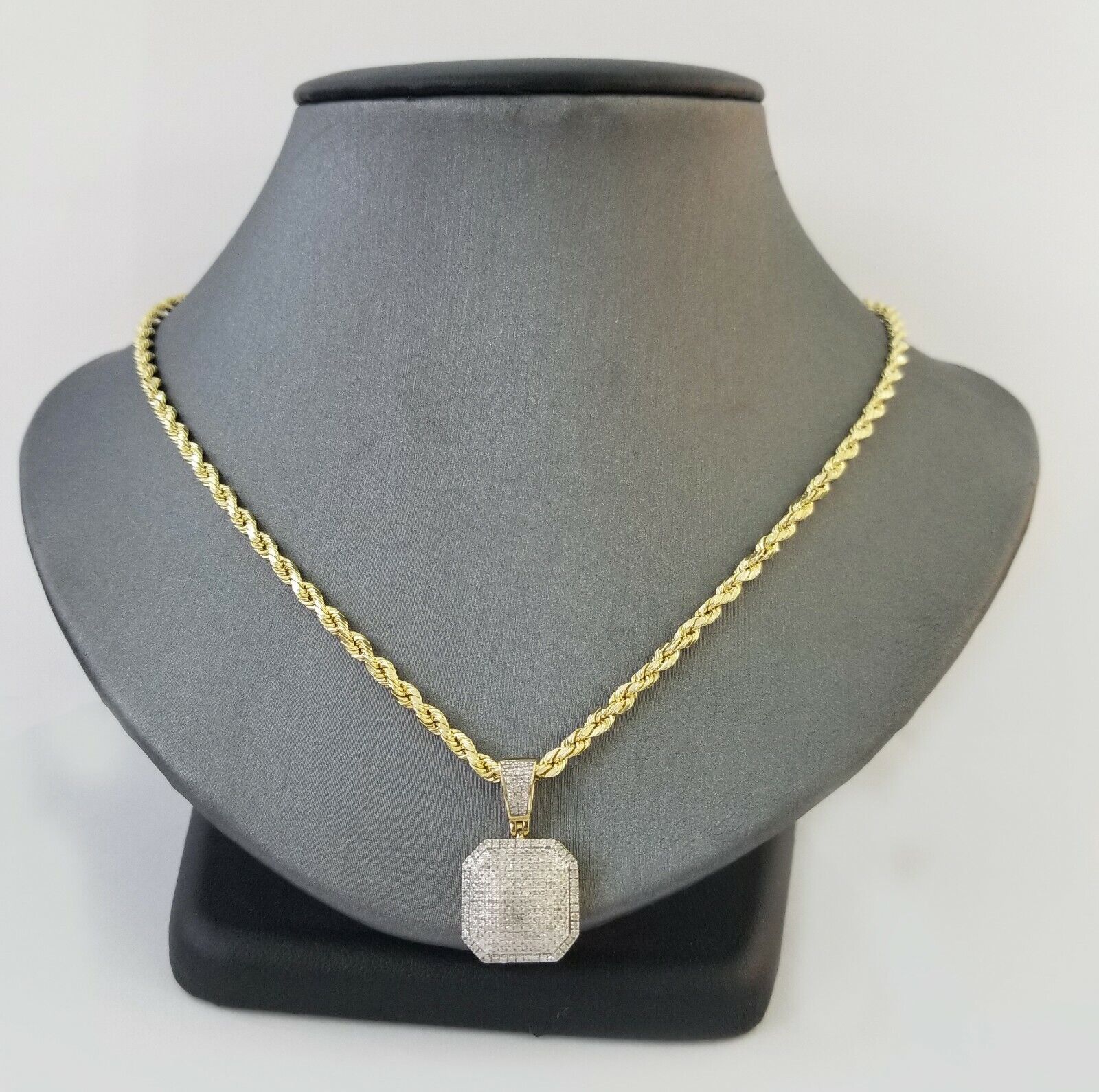 10K Yellow Gold Diamond Charm rope chain 3mm 18" SET & Pillow Pendant & Neckalce - Reva Jeweler