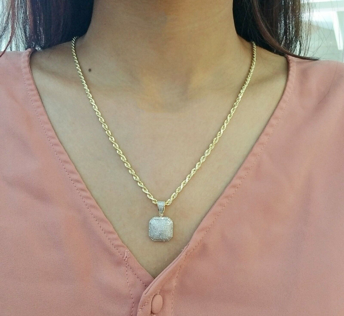 10K Yellow Gold Diamond Charm rope chain 3mm 20" SET & Pillow Pendant & Neckalce - Reva Jeweler