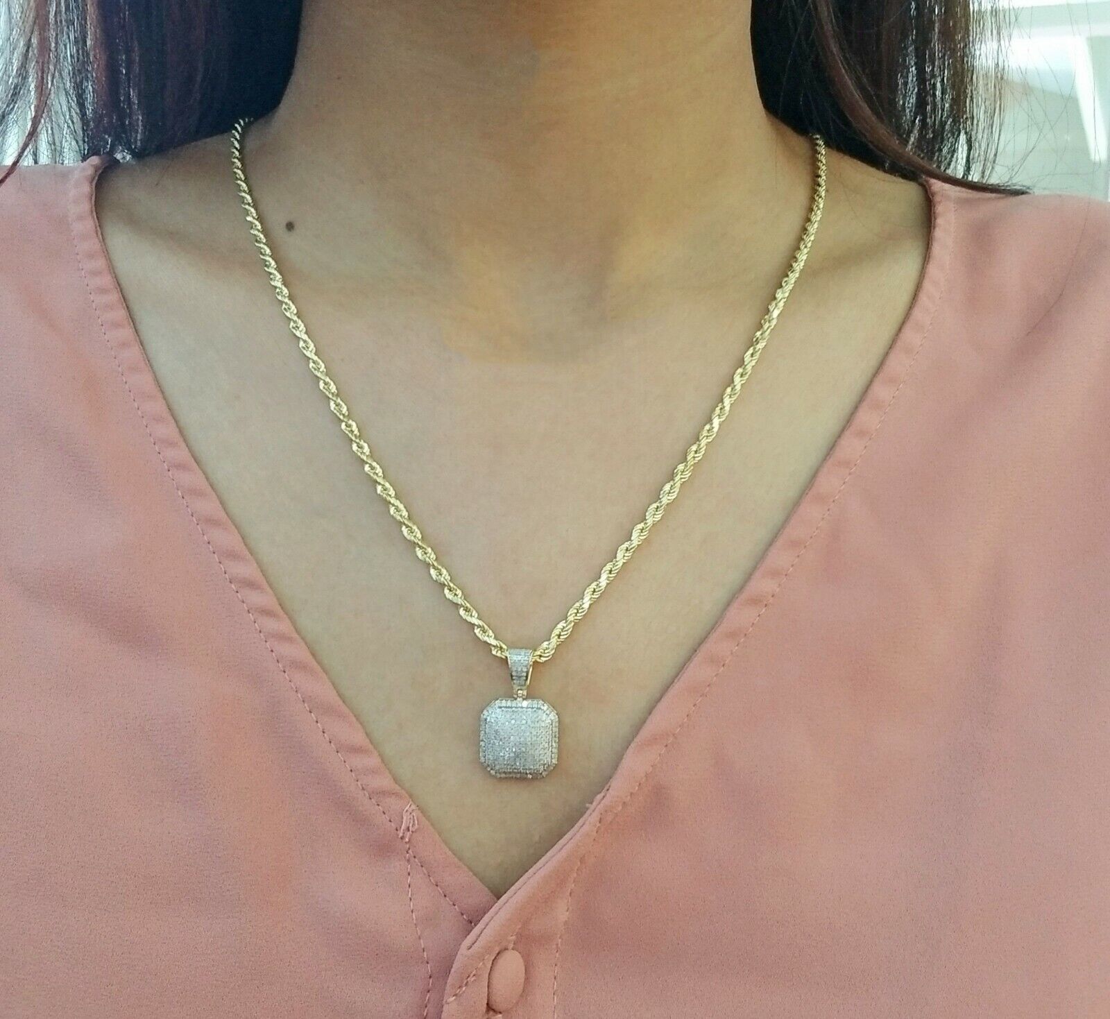 10K Yellow Gold Diamond Charm rope chain 3mm 20" SET & Pillow Pendant & Neckalce - Reva Jeweler
