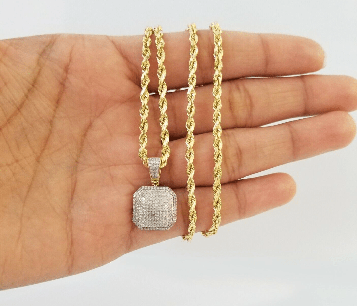 10K Yellow Gold Diamond Charm rope chain 3mm 20" SET & Pillow Pendant & Neckalce - Reva Jeweler