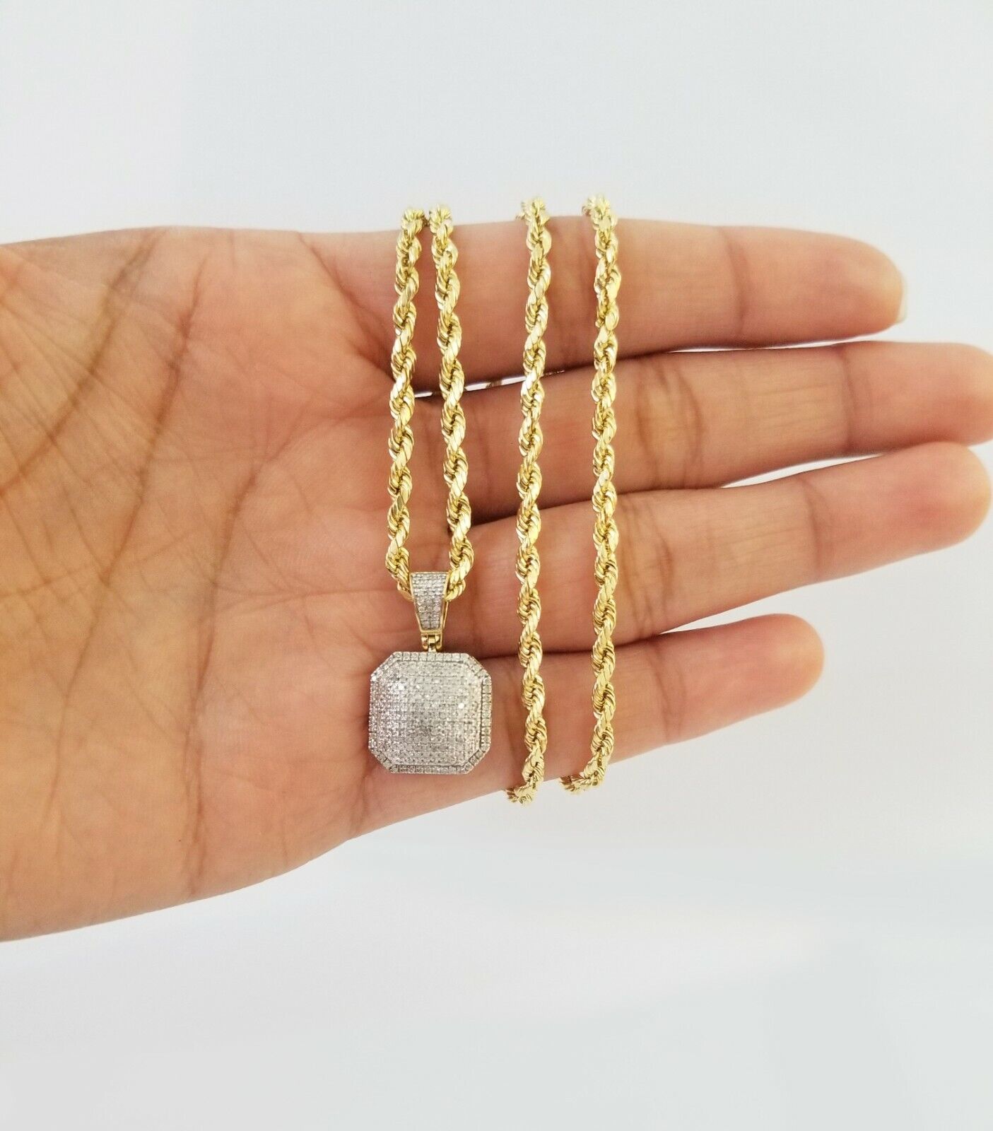 10K Yellow Gold Diamond Charm rope chain 3mm 22" SET & Pillow Pendant & Neckalce - Reva Jeweler