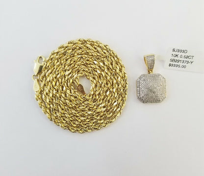 10K Yellow Gold Diamond Charm rope chain 3mm 22" SET & Pillow Pendant & Neckalce - Reva Jeweler