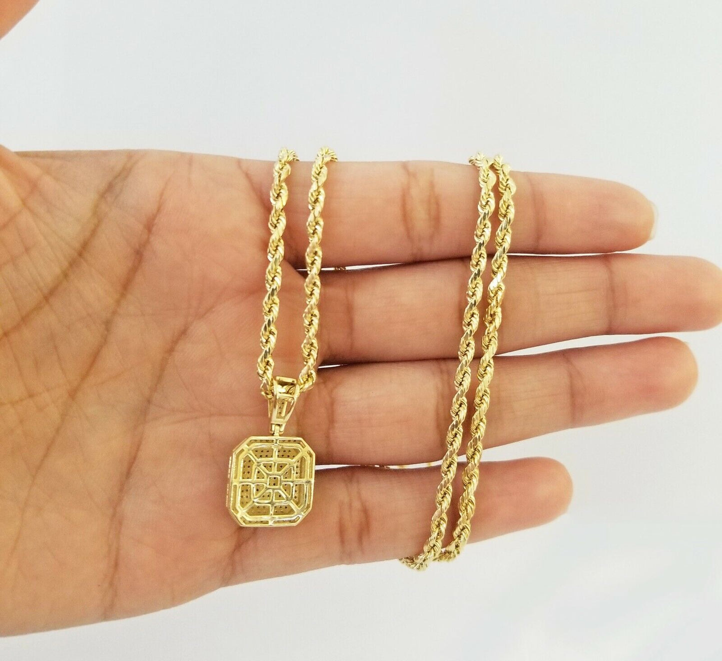 10K Yellow Gold Diamond Charm rope chain 3mm 26" SET & Pendant & Neckalce men's - Reva Jeweler