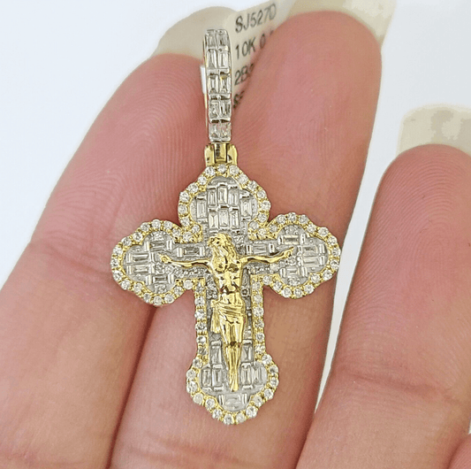10k Yellow Gold Diamond Jesus Cross Charm Pendant Genuine Diamond Real - Reva Jeweler