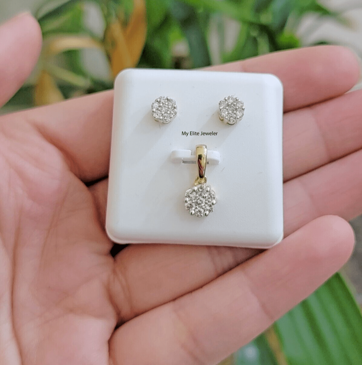 10k Yellow Gold Diamond Necklace Earring Set Ladies Charm Pendant stud Real Diam - Reva Jeweler