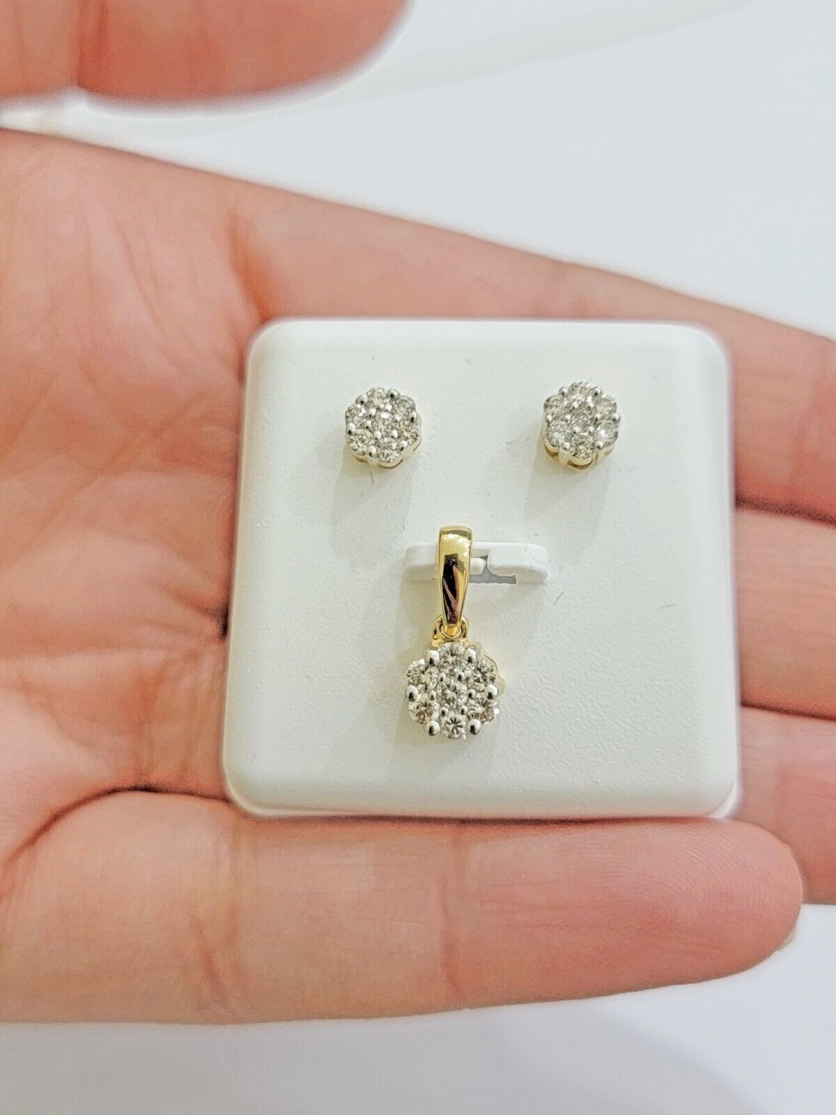 10k Yellow Gold Diamond Necklace Earring Set Ladies Charm Pendant stud Real Diam - Reva Jeweler