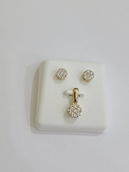 10k Yellow Gold Diamond Necklace Earring Set Ladies Charm Pendant stud Real Diam - Reva Jeweler