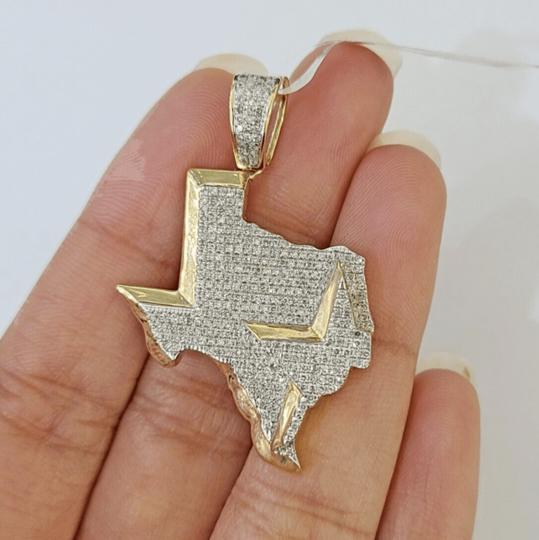 10k Yellow Gold Diamond Texas Map Charm Men Women Pendant Genuine 1.5" Real - Reva Jeweler