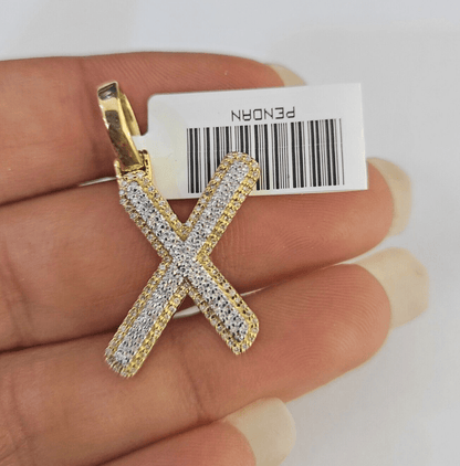 10k Yellow Gold Diamond X Charm Pendant Initial Alphabet Letter Real Genuine - GoldenlinQ