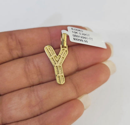10k Yellow Gold Diamond Y Charm Pendant Initial Alphabet Letter Real Genuine - GoldenlinQ