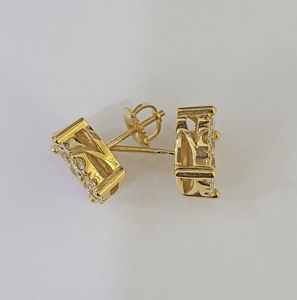 10k Yellow gold Flower Earrings Real Diamond screw - back Women Men studs - GoldenlinQ