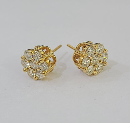 10k Yellow gold Flower Earrings Real Diamond screw - back Women Men studs - Reva Jeweler