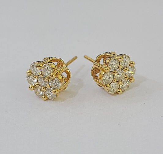 10k Yellow gold Flower Earrings Real Diamond screw - back Women Men studs - Reva Jeweler