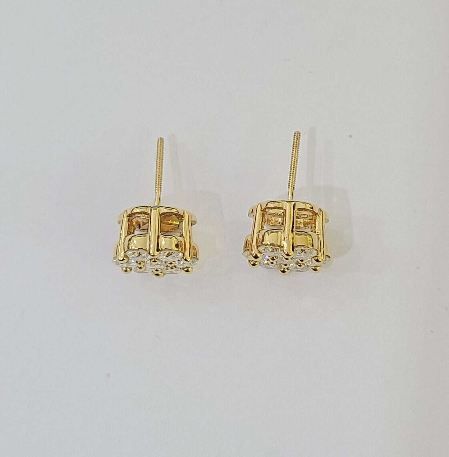 10k Yellow gold Flower Earrings Real Diamond screw - back Women Men studs - Reva Jeweler